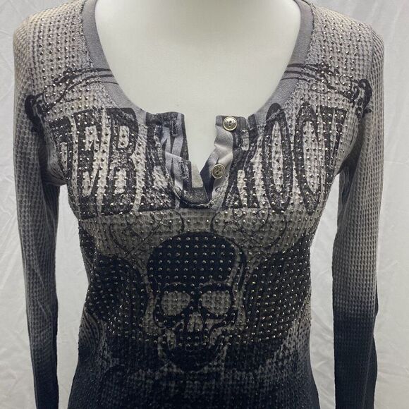 Voice of California Y2K skull blinged out ombre waffle knit shirt top M - Picture 3 of 10